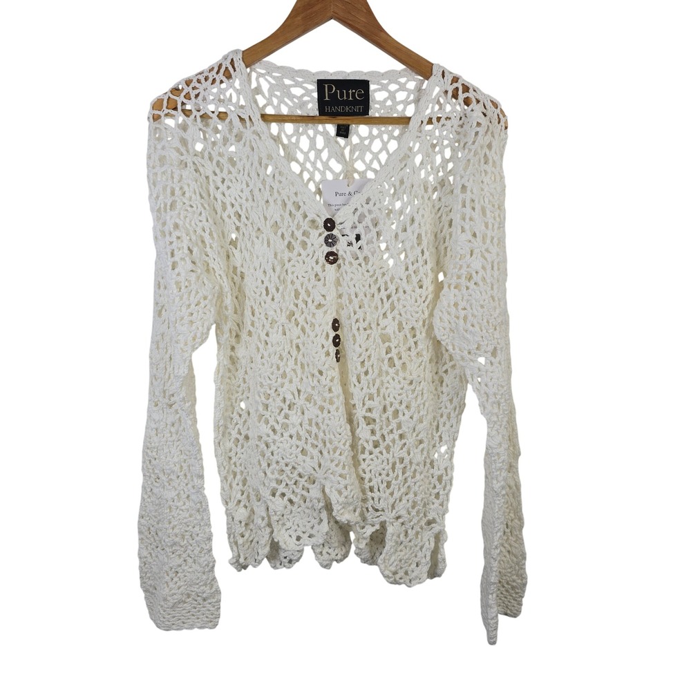 Pure Handknit White Cotton Open Weave Crochet Cardigan Sweater L/XL NEW Boho